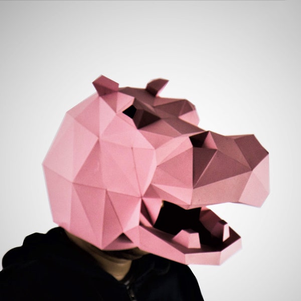 Créations en papier de masque d'hippopotame, modèle numérique, origami, téléchargement PDF, bricolage, faible densité, masque 3D