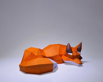 Fox Sleep Paper Craft, modèle en papier, artisanat en papier 3d, modèle PDF de sculpture en papier, papercraft animaux low poly, kit de décoration pepakura