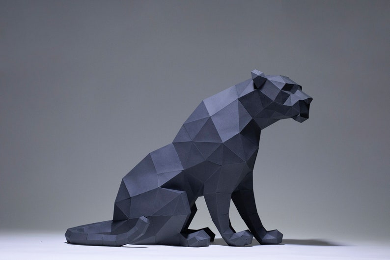 Black Panther Sit Paper Craft, Digital Template, Origami, PDF Download DIY, Low Poly, Trophy, Sculpture, Model image 1