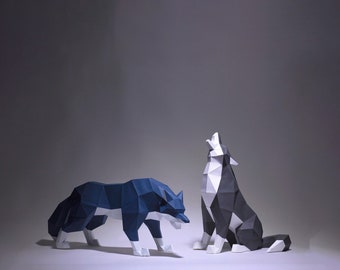 Créations en papier de loup en colère et de loup assis, modèle numérique, origami, téléchargement PDF, bricolage, basse poly, trophée, sculpture, modèle de loup