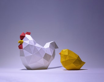 Pulcino di pollo Papercraft 3D fai da te in carta low poly Modello di modello di arredamento pasquale, arredamento da cucina, gallo per animali domestici in carta fai da te