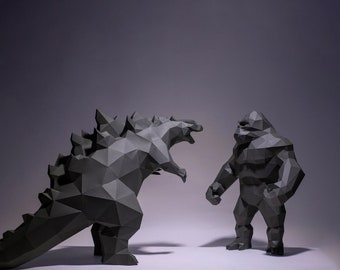 Godzilla and Kong Paper Craft, Digital Template, Origami, PDF Download DIY, Low Poly, Trophy, Sculpture, Godzilla and Kong Model