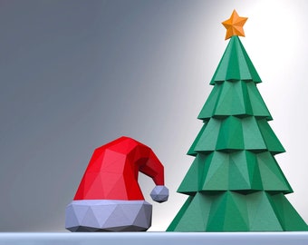 Kerstmuts, Papercraft kerstboom, kerstboom, laag poly kerstboom, PDF-sjabloon, papieren sculptuur, Pepakura, Kerstmis