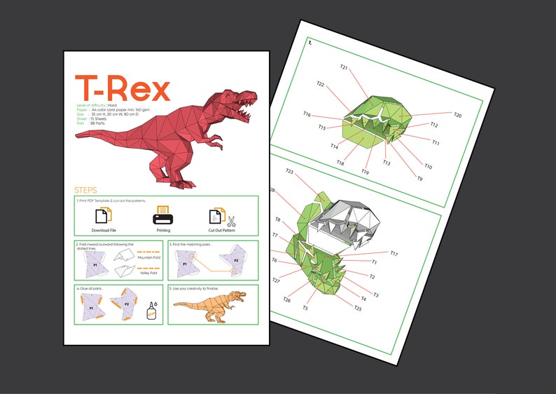 Digital mall för T-REX och Triceratops-dinosaurier, PDF-papperspyssel med dinosaurier, dinosaurieorigami, dinosauriemodell bild 6