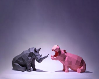 Rhino Sit and Hippopotamus Sit, Paper Craft, Digital Template, Origami, PDF Download DIY, Low Poly, Trophy, Sculpture, Rhino, Hippopo Model
