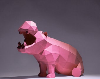 Hippopotame assis, créations en papier de rhinocéros, modèle numérique, origami, téléchargement PDF, bricolage, basse poly, trophée, sculpture, modèle d'hippopotame