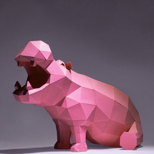 Hippopotame assis, créations en papier de rhinocéros, modèle numérique, origami, téléchargement PDF, bricolage, basse poly, trophée, sculpture, modèle d'hippopotame