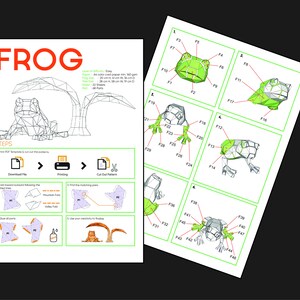 May include: A papercraft model of a green frog sitting on a branch. The instructions include a diagram of the frog and numbered steps for assembling the model. The model is made of 188 parts and requires 4 sheets of paper.