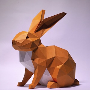 Bunny Sitting Paper Craft, Digital Template, Origami, PDF Download DIY, Low Poly, Trophy, Sculpture, Rabbit Model