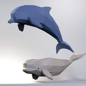 Delfin & Beluga Modell, Low-Poly Delfin, Delfin Skulptur, Erstellen Sie Ihren eigenen 3D-Delfin aus Papier, Origami Delfin, Wandbehang