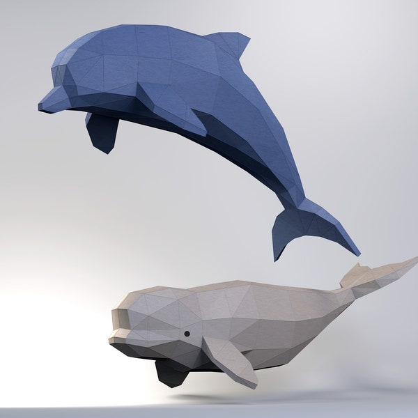 Delfin & Beluga Modell, Low Poly Delfin, Delfin Skulptur, Gestalten Sie Ihr eigenes 3D Papercraft Delfin, Origami Delfin, Wandbehang