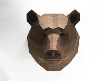 Cabeza de Oso, Artesanía de Papel, Plantilla Digital, Origami, Descarga PDF DIY, Low Poly, Decoración de pared