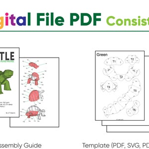 May include: Digital file PDF for a papercraft turtle model. The PDF includes a template with numbered pieces and an assembly guide. The template is for a green turtle with a brown shell.