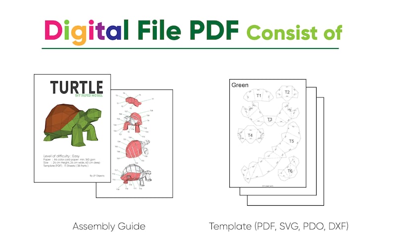 May include: Digital file PDF for a papercraft turtle model. The PDF includes a template with numbered pieces and an assembly guide. The template is for a green turtle with a brown shell.