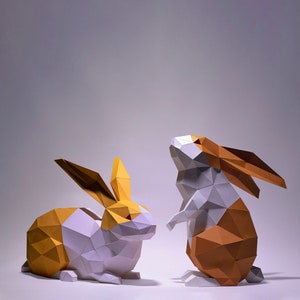 Coelho sentado e coelho em pé, artesanato de papel, modelo digital, origami, low poly, troféu, escultura, modelo