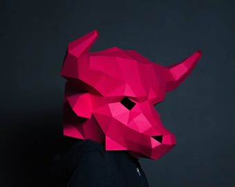 Masque de taureau, Créations en papier de masque de buffle, Modèle numérique, Origami, Téléchargement PDF DIY, Low Poly, Masque 3D