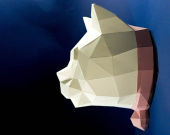 Manualidad de papel con forma de cabeza de gato, plantilla digital, origami, descarga en PDF, bricolaje, bajo nivel de polígonos, trofeo, escultura, modelo 3D