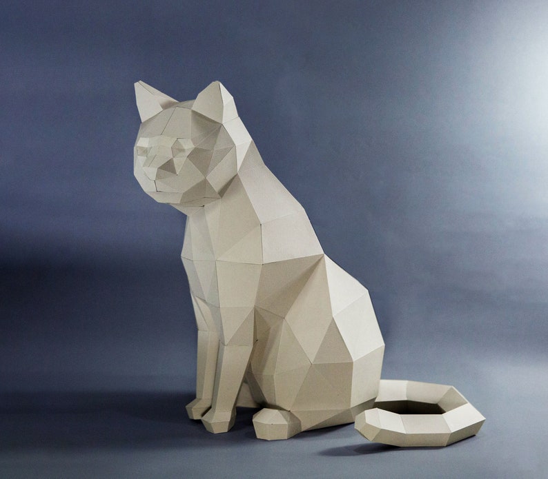 Cat Paper Craft, Digital Template, Origami, PDF Download DIY, Low Poly, Trophy, Sculpture, Model image 1