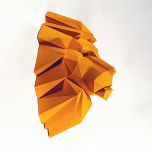 Testa di leone in carta, modello digitale, origami, download PDF fai da te, low poly, decorazione da parete