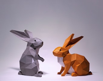 Conejo conejito sentado y conejo conejo de pie artesanía de papel, plantilla digital, origami, bajo poli, trofeo, escultura, modelo