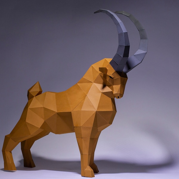 Bouquetin, Créations en papier de chèvre, Modèle numérique, Origami, Téléchargement PDF DIY, Low Poly, Trophée, Sculpture, Bouquetin, Modèle de chien de chèvre