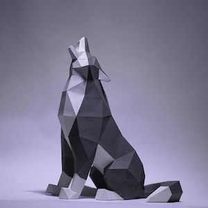 Wolf Sit Paper Craft, Digital Template, Origami, PDF Download DIY, Low Poly, Trophy, Sculpture, Wolf Model