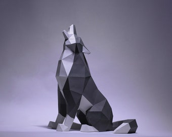 Créations en papier de loup assis, modèle numérique, origami, téléchargement PDF, bricolage, faible densité, trophée, sculpture, modèle de loup