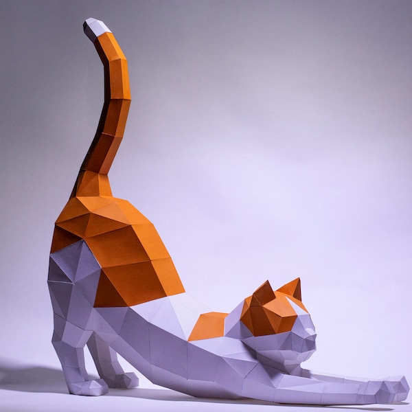 Créations créatives en papier avec étirement de chat, modèle numérique, origami, téléchargement PDF, bricolage, faible teneur en poly, trophée, sculpture, modèle d'étirement de chat