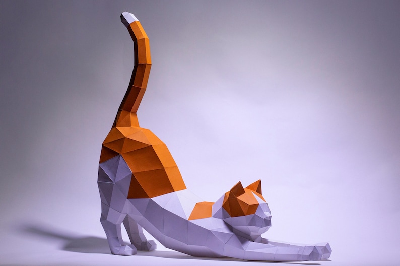 Cat Stretching Paper Craft, Digital Template, Origami, PDF Download DIY, Low Poly, Trophy, Sculpture, Cat Stretching Model image 1