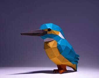 King Fisher Bird Paper Craft, Digital Template, Origami, PDF Download DIY, Low Poly, Trophy, Sculpture, King Fisher Bird Model