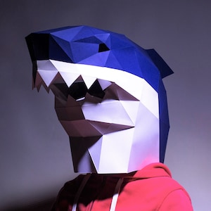 Máscara de Tiburón, Plantilla de Máscara Papercraft, Origami, Descarga PDF DIY, Low Poly, Máscara 3D