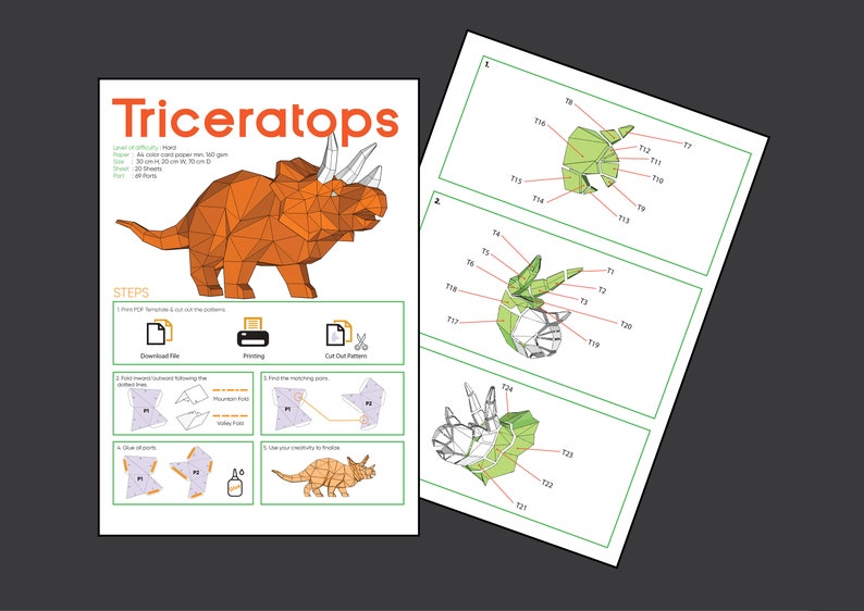 Digital mall för T-REX och Triceratops-dinosaurier, PDF-papperspyssel med dinosaurier, dinosaurieorigami, dinosauriemodell bild 7