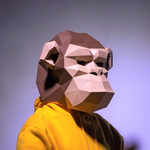 Chimpanzee Mask, Papercraft Mask Template, Origami, PDF Download DIY, Low Poly, 3D Mask