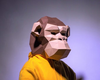 Chimpanzee Mask, Papercraft Mask Template, Origami, PDF Download DIY, Low Poly, 3D Mask