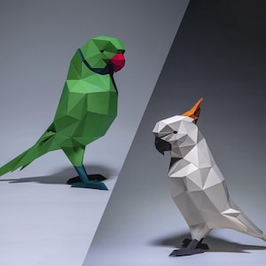 Parrot Green en Parrot White, Digitale sjabloon, Origami, pdf-download DIY, Low Poly, Trofee, Beeldhouwkunst, Model, Parrot White
