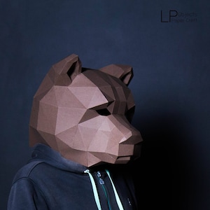 Mestiere con la carta maschera orso, modello digitale, origami, download PDF fai da te, Low Poly, maschera 3D