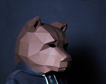 Bär Maske Papier Handwerk, digitale Vorlage, Origami, PDF Download DIY, Low Poly, 3D Maske
