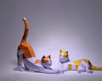 Cat Sleeping and Stretching Paper Craft, Digital Template, Origami, PDF Download, Low Poly, Sculpture, Cat Sleeping and Stretching Models