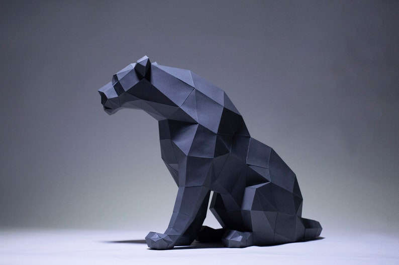 Black Panther Sit Paper Craft, Digital Template, Origami, PDF Download DIY, Low Poly, Trophy, Sculpture, Model image 3