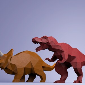 Digital mall för T-REX och Triceratops-dinosaurier, PDF-papperspyssel med dinosaurier, dinosaurieorigami, dinosauriemodell bild 2