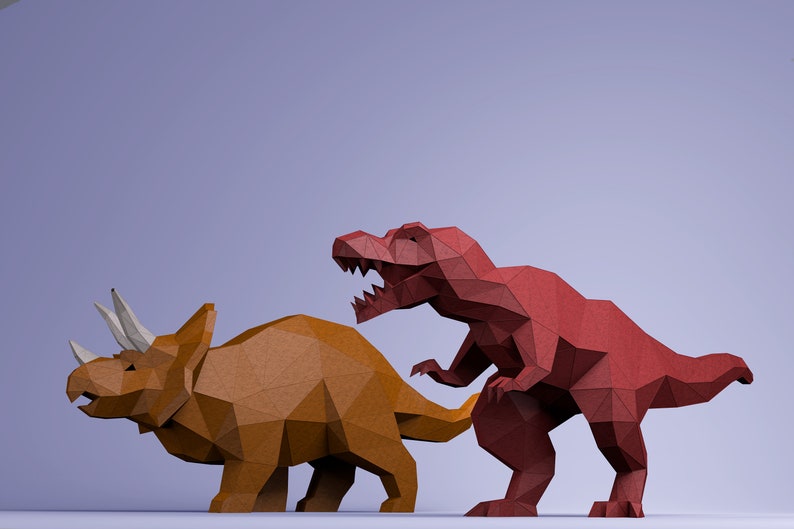 Digital mall för T-REX och Triceratops-dinosaurier, PDF-papperspyssel med dinosaurier, dinosaurieorigami, dinosauriemodell bild 2