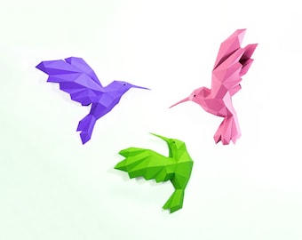 Artesanía de papel de colibrí, Plantilla digital, Origami, Descarga PDF DIY, Low Poly, Decoración de pared, Arte de pared