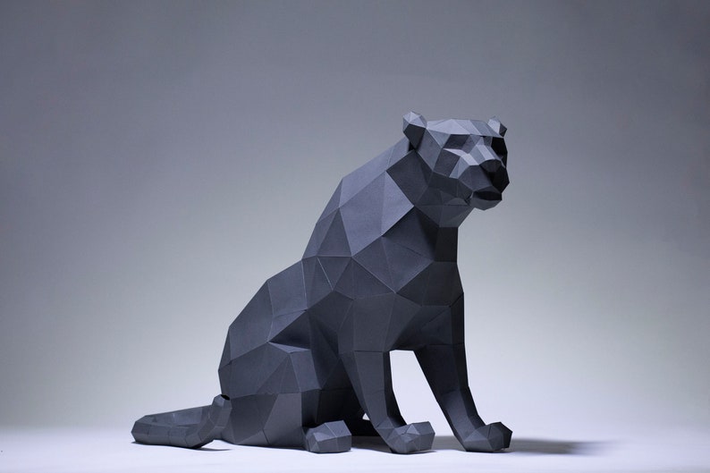 Black Panther Sit Paper Craft, Digital Template, Origami, PDF Download DIY, Low Poly, Trophy, Sculpture, Model image 2