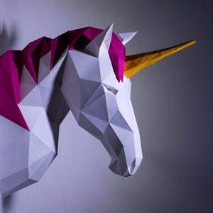 Unicorn Head Wall Paper Craft, Digital Template, Origami, PDF Download DIY, Low Poly, Wall Decor