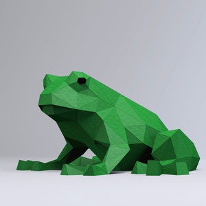 May include: A green origami frog sculpture. The frog is made of paper and has a geometric design.