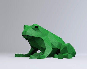 May include: A green origami frog sculpture. The frog is made of paper and has a geometric design.