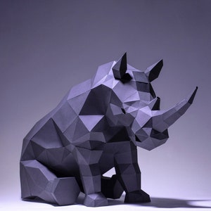 Rhino Sit, Rhinoceros Paper Craft, Digital Template, Origami, PDF Download DIY, Low Poly, Trophy, Sculpture, Rhino Model