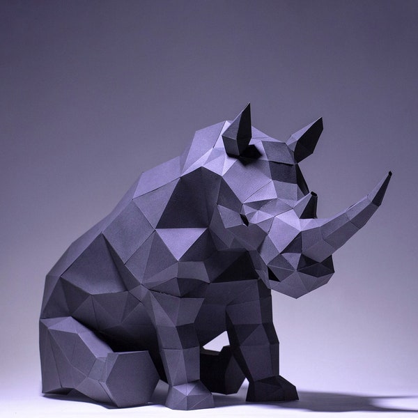 Rhino Sit, Créations en papier rhinocéros, Modèle numérique, Origami, Téléchargement PDF DIY, Low Poly, Trophée, Sculpture, Modèle Rhino