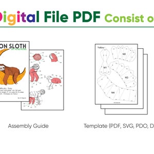 May include: A digital file PDF for a papercraft model of a moon sloth. The PDF includes an assembly guide and a template for the model. The template is available in PDF, SVG, PDO, and DXF formats.