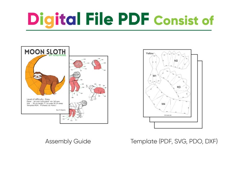 May include: A digital file PDF for a papercraft model of a moon sloth. The PDF includes an assembly guide and a template for the model. The template is available in PDF, SVG, PDO, and DXF formats.